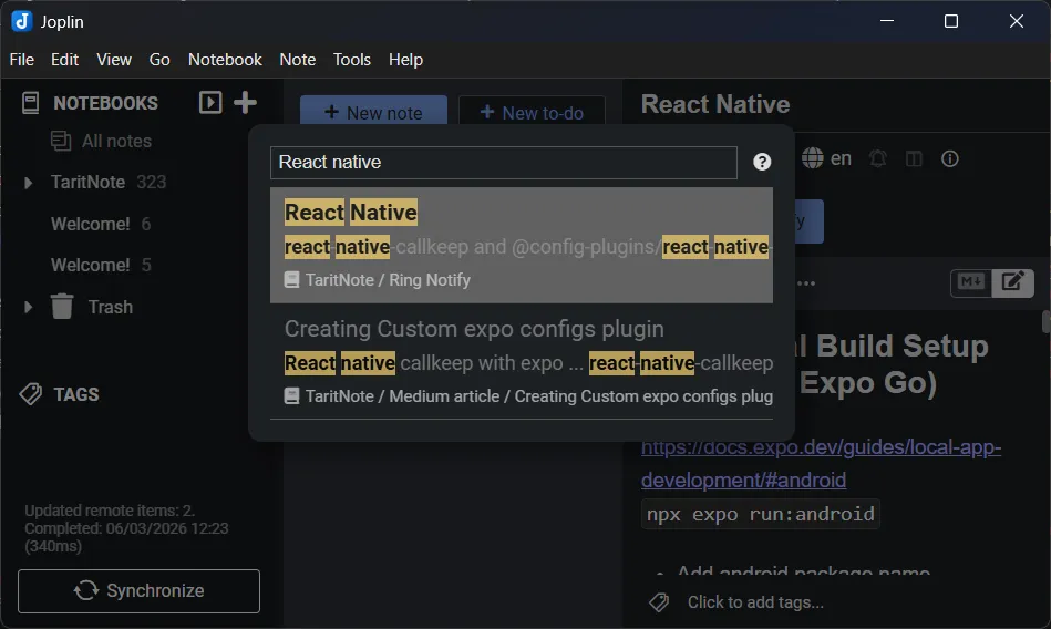 Joplin Goto Anything dialog